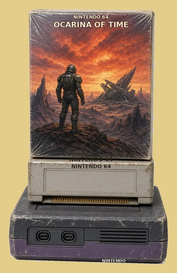 Stylized sealed Nintendo 64 game box stacked on a cartridge and a vintage Nintendo-style console