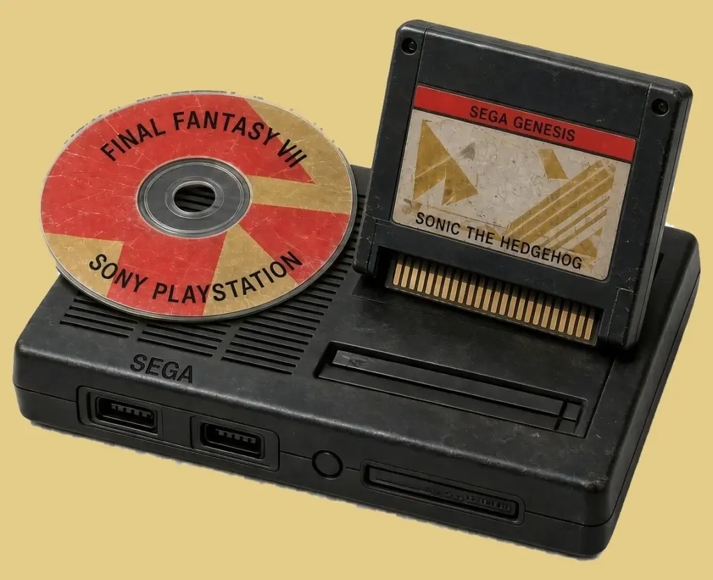 Stylized Sega Genesis cartridge and Sony PlayStation disc on a vintage black Sega-style console