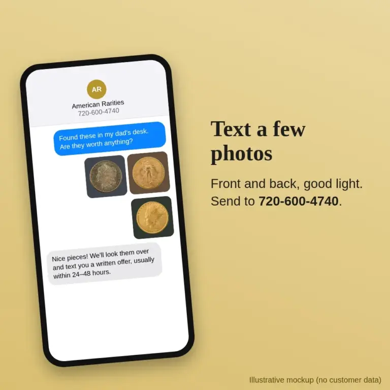Illustrative phone text thread with photos of a Morgan silver dollar, a Saint-Gaudens double eagle and an Indian Head gold eagle