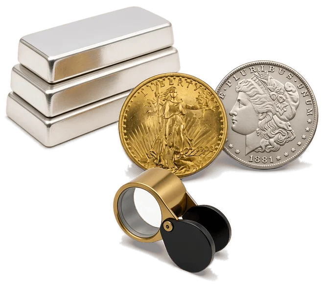 1908 Saint-Gaudens gold double eagle and 1881 Morgan silver dollar beside silver bullion bars and a jeweler's loupe for expert coin appraisal