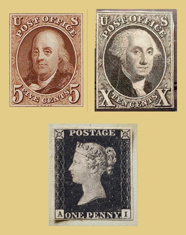 U.S. 1847 5-cent Franklin and 10-cent Washington stamps above a British Penny Black stamp
