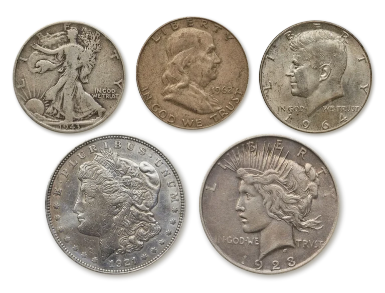 U.S. half dollars and silver dollars price guide coins: Walking Liberty, Franklin and Kennedy halves with Morgan and Peace silver dollars