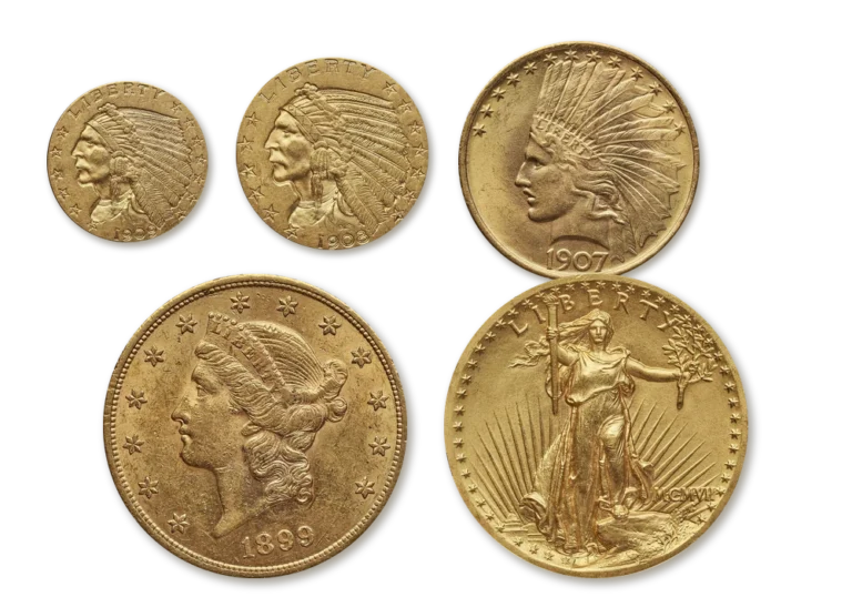 U.S. gold coin price guide coins: Indian Head $2.50 quarter eagle, $5 half eagle and $10 eagle with Liberty Head and Saint-Gaudens $20 double eagles