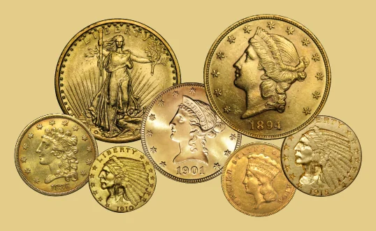 U.S. gold coins including Saint-Gaudens and Liberty Head double eagles, a 1901 eagle and Indian Head gold coins