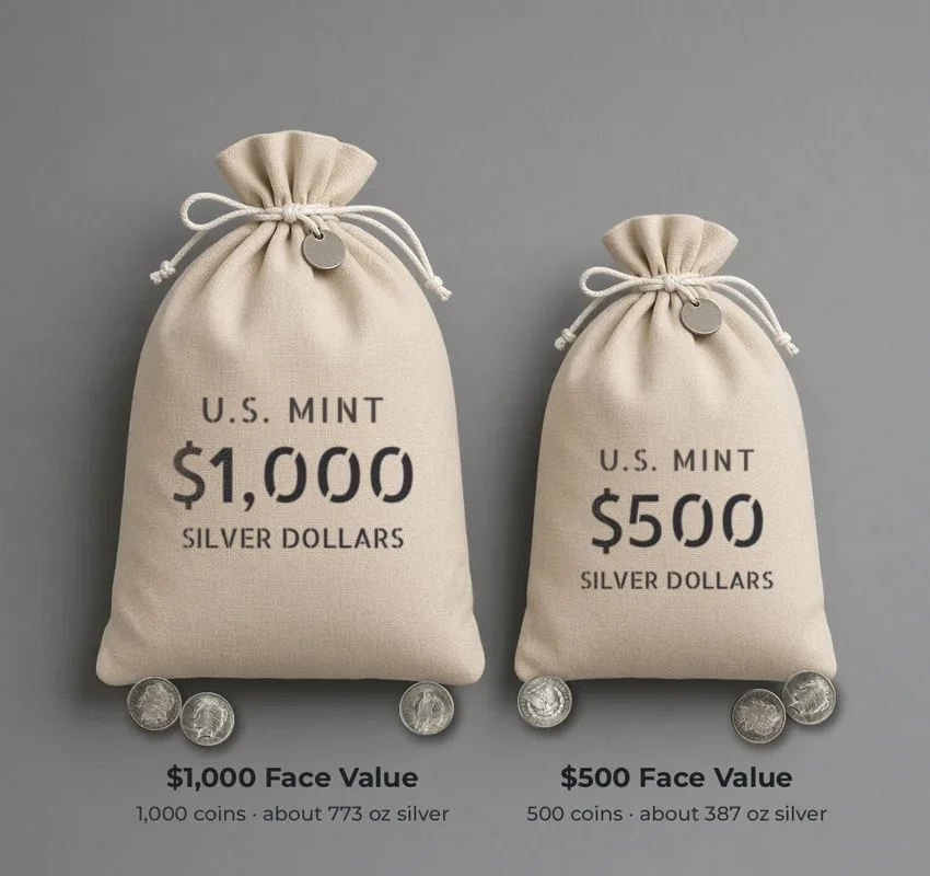 Side-by-side U.S. Mint $1,000 and $500 face value canvas bags of 90% silver Morgan and Peace dollars