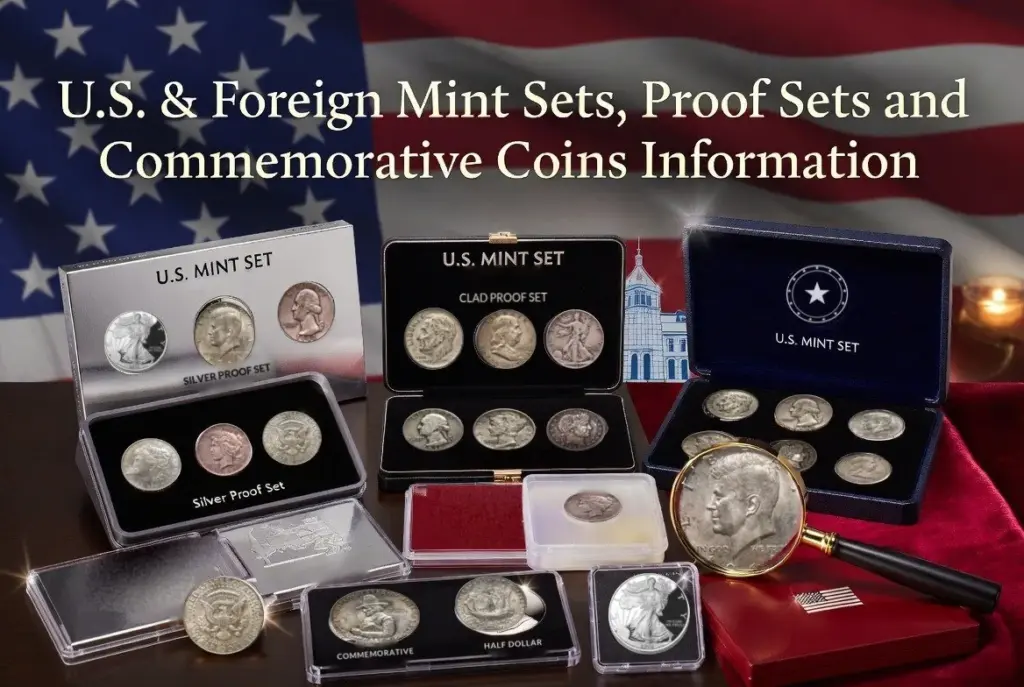 U.S. mint sets, proof sets and a Pilgrim commemorative half dollar in display cases in front of an American flag, with a Kennedy half dollar under a magnifying glass