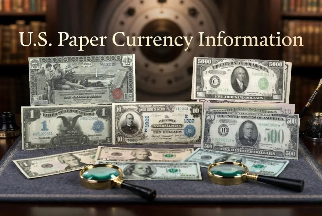 Historic U.S. paper money on a desk: 1896 Educational and 1899 Black Eagle silver certificates, a 1902 national bank note and 1934 $500 and $5000 Federal Reserve Notes