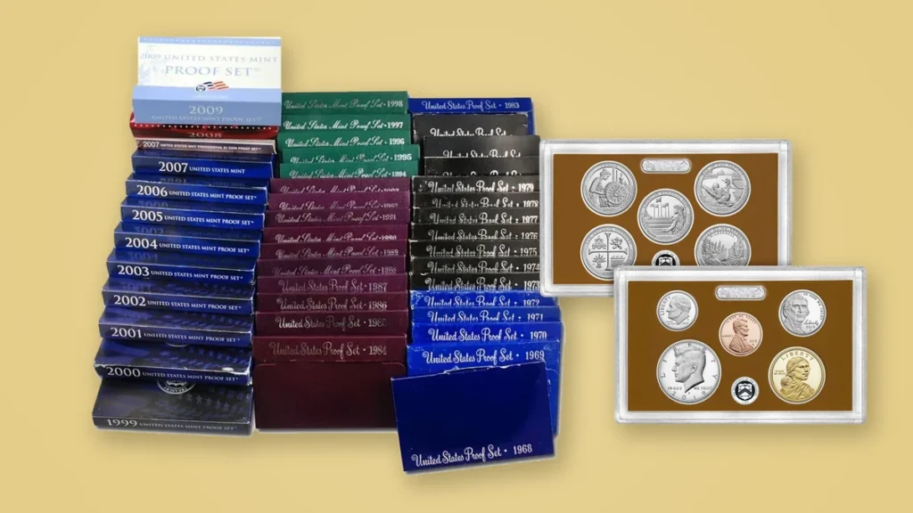 Stack of U.S. proof sets from 1968 to 2009 in original government packaging beside an open 2019 U.S. Mint Proof Set on a gold background