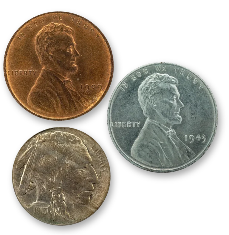 A 1909 Lincoln wheat cent, a 1943 steel Lincoln cent and a 1913 Buffalo nickel, series that include valuable key dates and varieties