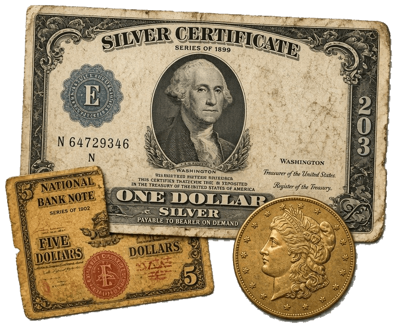 Series 1899 Silver Certificate and 1902 National Bank Note - show us your old currency for a free appraisal