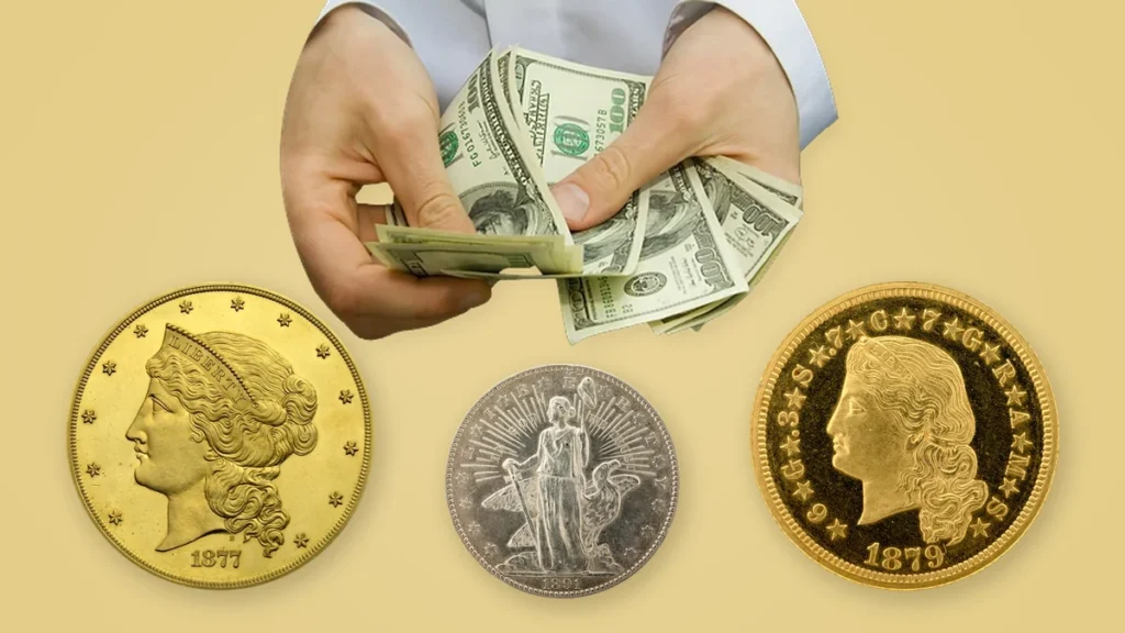 We buy U.S. pattern coins: hands counting cash above an 1877 $50 Half Union gold pattern, an 1891 Standing Columbia half dollar pattern and an 1879 $4 Flowing Hair Stella gold pattern, on a gold background