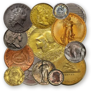 Early American and U.S. coins a local coin dealer buys: 1793 and 1794 large cents, 1787 Fugio cent, 1795 gold coin, 1907 Saint-Gaudens $20, Panama-Pacific $50, Buffalo nickel and 1916 Standing Liberty quarter