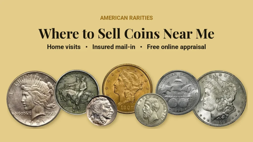 Where to sell coins near me: American Rarities buys coins through home visits, fully insured mail-in and a free online appraisal, with buyers in CA, CO, AZ, MN, TX, FL, PA, WY and NJ plus a nationwide buying network; shown with a 1921 Peace dollar, 1925 Stone Mountain half dollar, Buffalo nickel, 1907 Liberty Head $20 gold double eagle, Romanian Carol I silver coin, 1893 Columbian Exposition half dollar and 1879 Morgan silver dollar