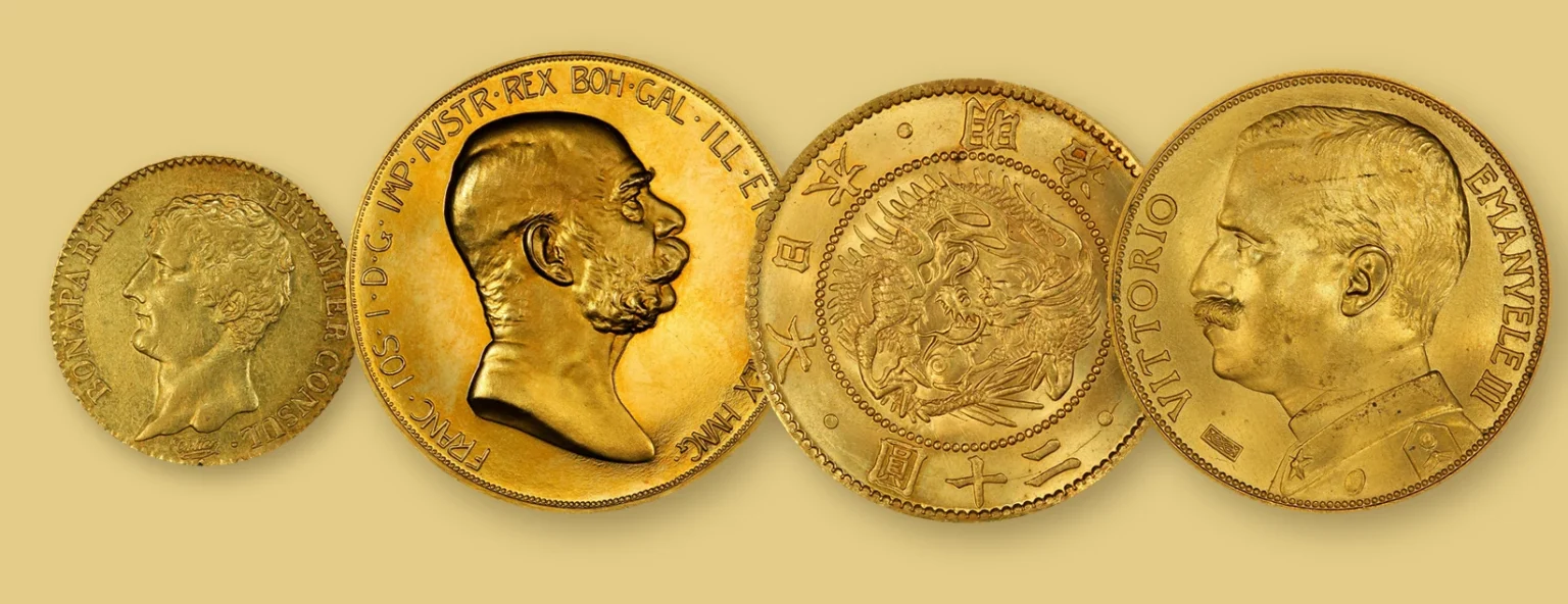 An 1803 France 20 francs, a 1908 Austria 100 kronen, an 1870 Japan 20 yen and a 1912 Italy 100 lire gold coin