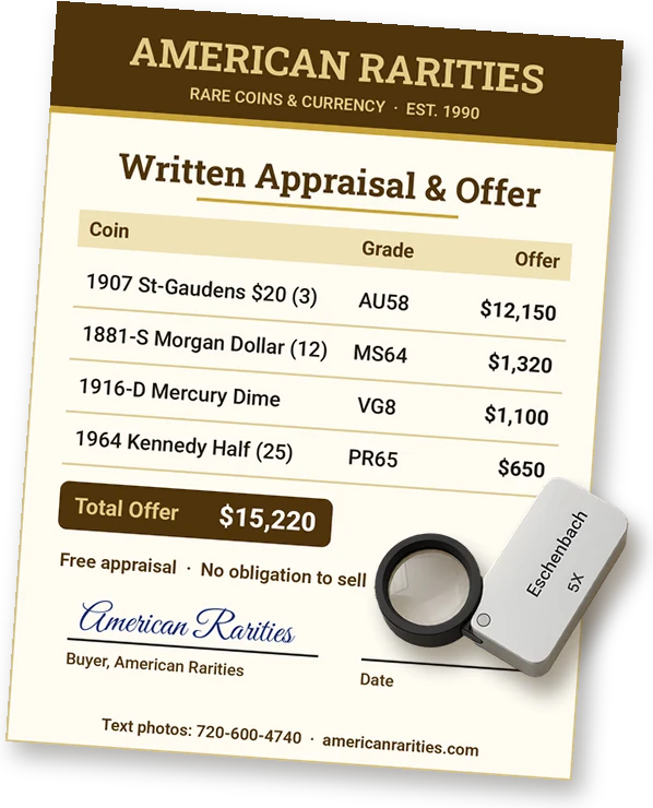 Eschenbach 5X folding loupe resting on an American Rarities written appraisal and offer sheet listing U.S. coins, grades, offer amounts and a total offer