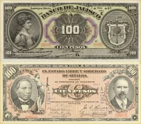 View of two vintage Mexican banknotes, featuring colorful designs and historical figures.