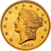 1849 twenty dollar double eagle gold pattern obverse by James B. Longacre: Liberty head wearing a coronet inscribed LIBERTY, 13 stars and the date 1849
