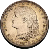 1879 Schoolgirl silver dollar pattern obverse by George T. Morgan: young Liberty facing left with a ribbon in her hair and a string of pearls, E PLURIBUS UNUM and 1879