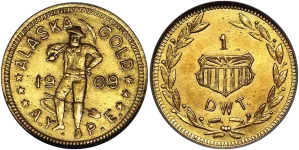 1909-alaska-gold-aype-token A 1909 Alaska Gold A.Y.P.E. token, a historic item appraised by an expert Alaska coin dealer.