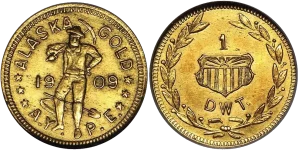 A 1909 Alaska Gold A.Y.P.E. token, a historic item appraised by an expert Alaska coin dealer.