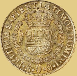 Reverse view of an 8 Escudo gold coin.