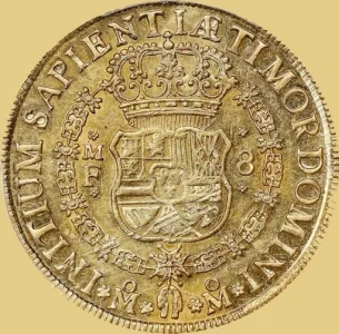 Reverse view of an 8 Escudo gold coin.