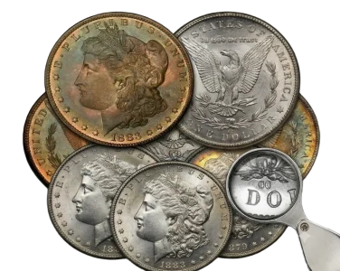 Morgan silver dollars under magnification — request a free appraisal of your CC Morgans