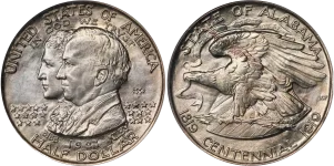 alabama-centennial-half-dollar The Alabama Centennial Half Dollar, a classic commemorative coin appraised by an expert Alabama coin dealer.