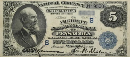 A rare National Bank Note from Pensacola, an item appraised by a professional Florida coin dealer.