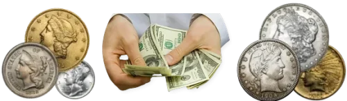 Hands in white shirt sleeves counting cash between gold and silver coins: a free coin collection appraisal, with an offer only if you choose to sell