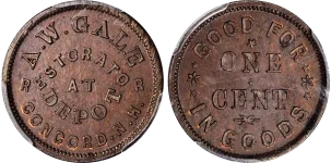 A.W.-Gale-Civil-War-Token—Concord,-New-Hampshire An A.W. Gale Civil War token from Concord, a historic item appraised by an expert New Hampshire coin dealer.
