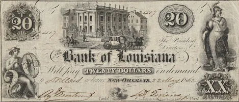 The-Bank-of-Louisiana,-New-Orleans-$20-Obsolete-Banknote A rare obsolete banknote from the Bank of Louisiana, appraised by a professional Louisiana coin dealer.