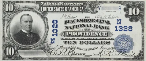 The-Blackstone-Canal-National-Bank-of-Providence,-Rhode-Island-$10-Note Sources A rare National Bank Note from Providence, an item appraised by a professional Rhode Island coin dealer.