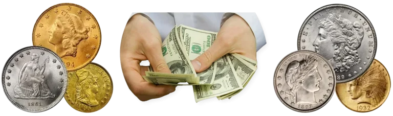 Hands in white shirt sleeves exchanging cash for rare U.S. coins, illustrating a top-dollar offer from a trusted coin dealer.