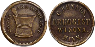 C.C.-Benson-Druggist-Token—Winona,-Minnesota A C.C. Benson Druggist token from Winona, a historic item appraised by an expert Minnesota coin dealer.