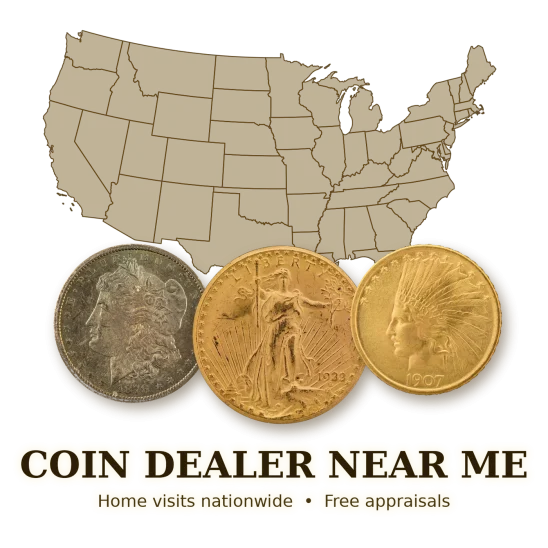 Map of the United States with state lines above a Morgan silver dollar, 1933 Saint-Gaudens double eagle and 1907 Indian Head gold eagle