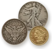 Walking Liberty half dollar, Barber half dollar and 1902 Liberty Head $5 gold coin