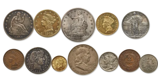 Twelve U.S. coins including an 1859 Seated Liberty half dollar, 1902 Liberty eagle, 1875-S trade dollar, 1854 three-dollar gold piece and 1919 Standing Liberty quarter