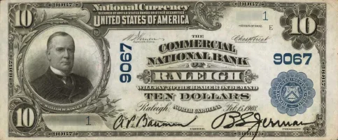 The-Commercial-National-Bank-of-Raleigh,-North-Carolina-$10-Note A rare National Bank Note from Raleigh, an item appraised by a professional North Carolina coin dealer.