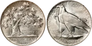 connecticut-tercentenary-half-dollar The Connecticut Tercentenary Half Dollar, a classic commemorative coin appraised by an expert Connecticut coin dealer.