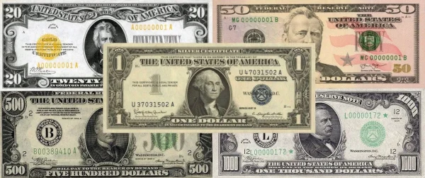A montage of desirable U.S. paper currency, showcasing items a professional paper money collector would seek.