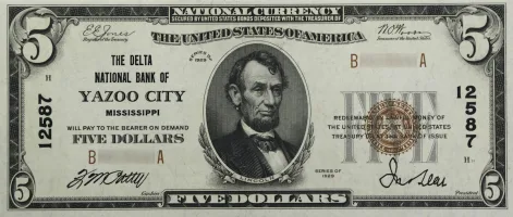 The-Delta-National-Bank-of-Yazoo-City,-Mississippi-$5-Note A rare National Bank Note from Yazoo City, an item appraised by a professional Mississippi coin dealer.