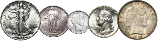 Examples of 90% silver coins, including pre-1965 dimes, quarters, and half dollars, being evaluated for purchase.