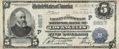 farmers-and-merchants-national-bank-los-angeles-$5.-note A rare National Bank Note from Los Angeles, an item appraised by a professional California coin dealer.