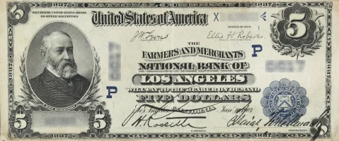 A rare National Bank Note from Los Angeles, an item appraised by a professional California coin dealer.
