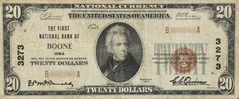 The-First-National-Bank-of-Boone,-Iowa-$20-Note A rare National Bank Note from Boone, an item appraised by a professional Iowa coin dealer.