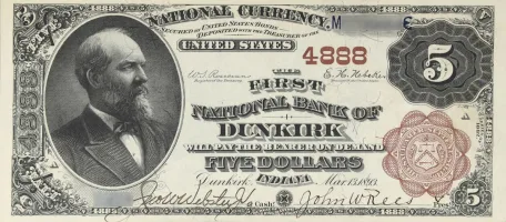 The-First-National-Bank-of-Dunkirk,-Indiana-$5-Note A rare National Bank Note from Dunkirk, an item appraised by a professional Indiana coin dealer.