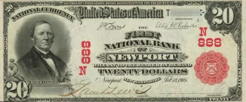 The-First-National-Bank-of-Newport,-New-Hampshire-$20-Note A rare National Bank Note from Newport, an item appraised by a professional New Hampshire coin dealer.