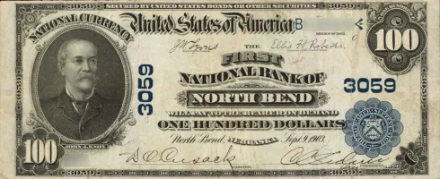 The-First-National-Bank-of-North-Bend,-Nebraska-$100-Note A rare National Bank Note from North Bend, an item appraised by a professional Nebraska coin dealer.