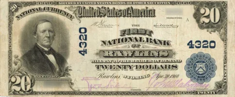 The-First-National-Bank-of-Rawlins,-Wyoming-$20-Note A rare National Bank Note from Rawlins, an item appraised by a professional Wyoming coin dealer.